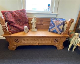 Arts and Crafts snake motif oak storage bench, c.1895.