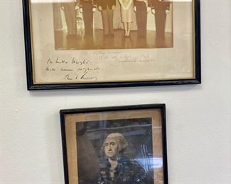 Photo of JFK and Jackie signed by each. Etching of George Washington by US currency engraver, W. L. Ormsby.