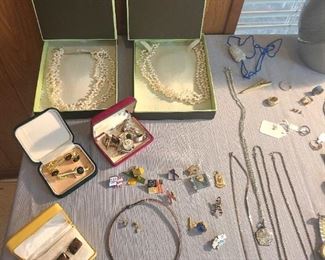 Jewelry ~ cuff links, money clips, 14 kt, Sterling, pendants, chains, rings, Lamode $ clip, 
*Ross & Simons pearl necklaces - *the one on the left = SOLD