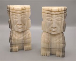 Carved alabaster marble Tiki Aztec statues/book ends