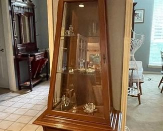 Vintage solid rock maple lighted, display cabinet with glass shelves.