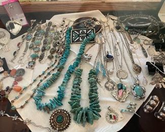 Great turquoise, Zuni, Navajo, sterling with art glass, vintage sterling pieces and contemporary 