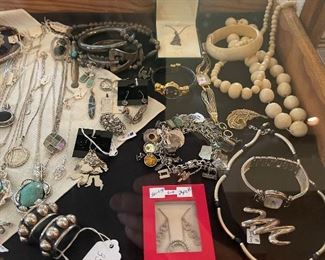 Beautiful sterling charm bracelet, inlay pieces, Ivory/bone necklace and bracelet, sterling watches