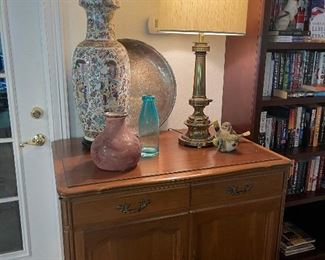 Vintage cupboard, great storage, vintage table lamp, oriental vase, art glass, large vintage silver plate tray