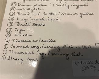 A list of the "Primrose" china. It is a large service but will consider splitting!