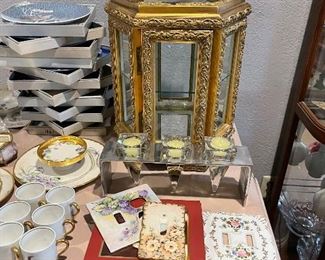 Wonderful highly carved display piece, glass with gold paint, hand painted switch plates, Prussian bowl, the 12 days of Christmas plates, candle holder