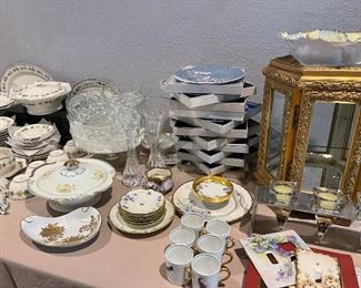 Punch bowl with cups, Lenox glass candlesticks, vintage china, 12 days of Christmas plates, hand painted pieces