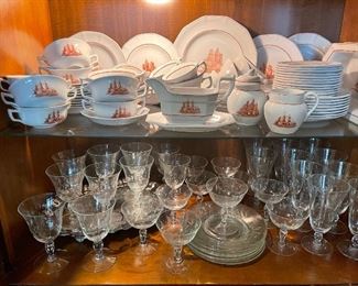 Wedgwood Georgetown Collection "Flying Cloud" china. Made in England from an original Wedgwood engraving. Vintage stem ware and plates