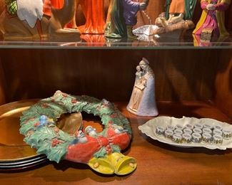 Hand made ceramic wreath, chargers, small Christmas candle holders, Madonna (has slight damage)