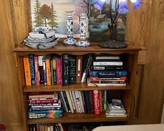 Solid hard rock maple book case, blue and white ceramics, original art pieces, wonderful tulip table/accent lamp. Medical books