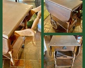 Vintage wood cart structurally in very good condition, but needs to be refinished or painted. The sides are drop leaves that pop up, and the middle tray does pull out. 