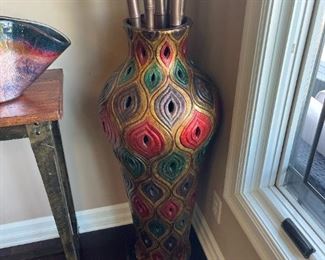 Large Decorative Terra Cotta Planter with Painted Bamboo