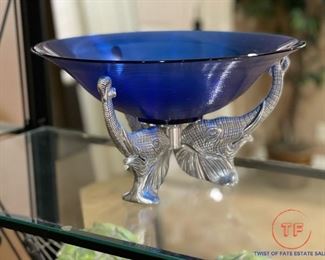 Vintage ARTHURS COURT Cobalt Blue Glass Bowl with Elephant Base