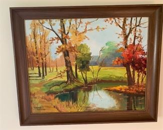 Artwork, framed oil, fall trees, 18.5" x 23"