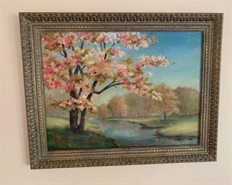 Artwork, framed oil, spring blossom tree, 22" X 28"
