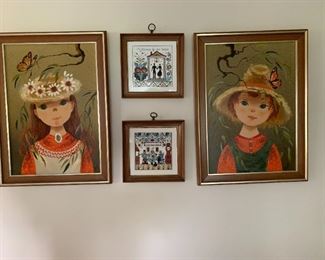 Artwork, Framed pair (SOLD) Boy/Girl 23" x 17" each, and framed Tile pair (AVAILABLE), 9.5" x 9.5" each