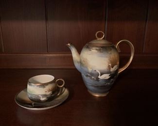 Antique hand-painted tea pot and cup