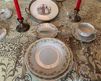 Three table cloths, Three sets of china, antique German porcelain tray.