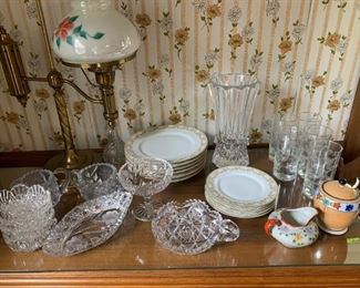 Glassware, chinaware, lamp (floral shade)