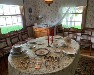 Dining room suite, china, chairs, Solid walnut Server cabinet by Henkel- Harris, artwork, lace curtains