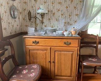 Furniture, Dining room Walnut Server Cabinet, Henkel-Harris, antique needlepoint chairs, glassware, chinaware, wall plates