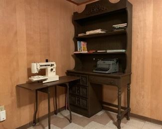Kenmore Sewing machine, Royal manual typewriter (1950's), Typing table with folding sides // SORRY, SOLD: Desk with attached bookcase, (UNAVAILABLE -DISPLAY ONLY)