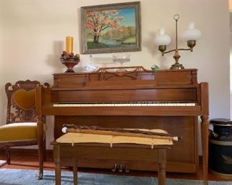 Piano (Story & Clark) w/padded bench 60 years old in good shape -- FREE to a good home; Antique Chair with velvet seat/back; decorative Milk can, Oil Painting, Lamp (twin milk glass globes), Candle centerpiece, walking sticks (one antique)