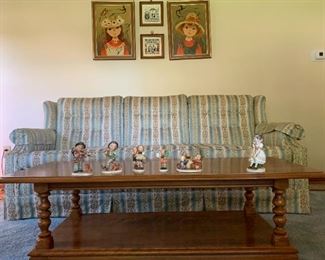 Furniture: Coffee Table 16H x 50W x 21D, Couch 78W x 33H x 39D, Hummel figurines, Artwork