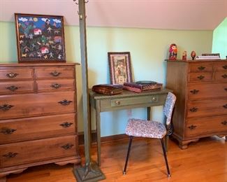 Furniture: matching walnut dresser set (51 H, 31 W, 19 D), Decoupaged wooden table/desk (30 H x 36 W x 19D) with matching hat rack, padded metal chair, Antique poster, Cloth (quilted / embroidered) picture.