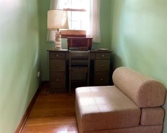 Furniture: Marble Lamp, Cloth chair that folds out to sleep on, Wooden Desk & Chair Foldout chair