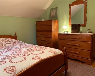 Furniture: 1940's Maple Bedroom Suite: Bed (full), Chest (52H x 36 W x 18D), Dresser (33H x 42W x 18 D) , Mirror (34 H x 23 W)