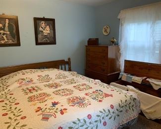 Furniture: Ethan Allen Walnut Dresser (51 H, 31 W, 20 D), Walnut Kingsized headboard (80" wide), Lane Cedar chest (19 H, 47 W, 18 1/2 D), Napkins and Table clothes (some antique), Quilt multi-colored floral embroidered, 93" x 78"