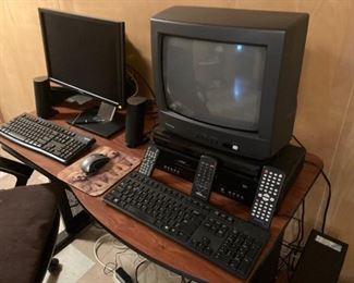 13-inch TV (2), DVD player, VHS/DVD player all with remotes, PC peripherals: Monitor, keyboards, speakers, mouse