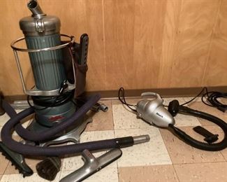 Vintage (1952) Sanitizor Model 55 Swivel-top canister vacuum with all attachments, Shark hand vacuum with attachments