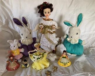 1960's era figurines, doll, stuffed rabbits