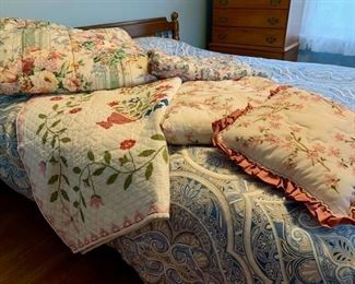 Three embroidered Quilts (93 x 78, 93 x 78, and 95 x 82), matching embroidered pillow, Four comforter bedspreads (2 for twin beds, 2 for king)