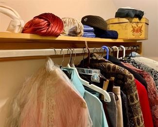 Women's hats and clothing, including 1960's era prom dress and medium coats, skirts, jackets