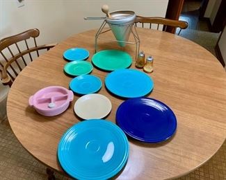 Fiesta plates, pottery baby food dish, antique food mill