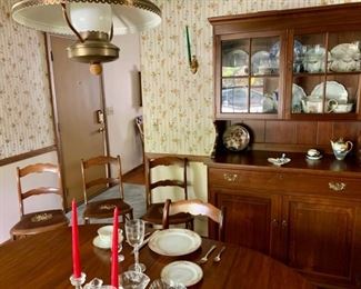 Dining room suite including solid American Walnut Chippendale Pie Cupboard - Virginia Galleries, by Henkel-Harris, many antique plates, bowls, glasses, goblets