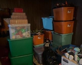 Bins of Holiday Decorations