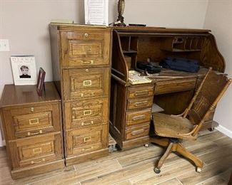 Rolltop Desk, Chair, and Filing Cabinets
