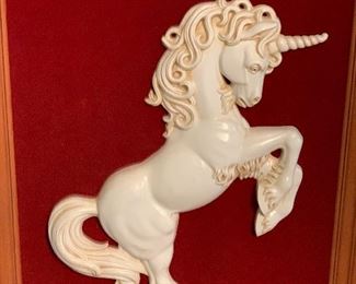 Pro-carved unicorn on velvet backing & sturdy frame