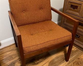 Herman Miller mid-century original auburn colored fabric & teak bodied arm chair (24"W x 24"D x seat 24"H x back 30"H)