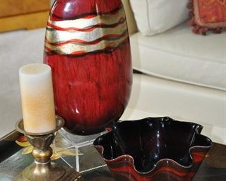 Shown on the Table:  19" Red/Black/Gold Vase, a Scalloped Red and Black Glass Bowl and a Gold Tone Pillar Candle Holder and Candle