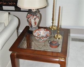 Lovely Asian Style End Table with Beveled Glass Insert and Brass Details, W26" x H21.5" x D26"