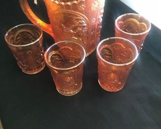 Windmill carnival glass pitcher and glasses set 
