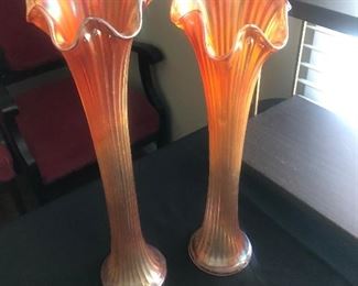 Imperial carnival glass ribbed vases 