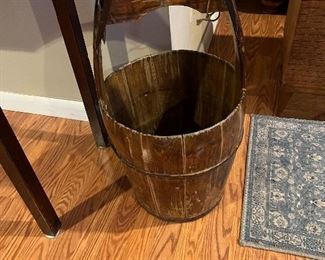Early wooden and metal well Bucket ((slight damage in one handle )