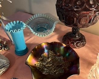 Carnival glass bowls 
Blue Fenton bowl 
Blue Fenton ruffled vase 