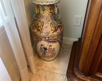 Chinese Famille Rose Gilded Floor Vase with Figural Handles and adornments - pair